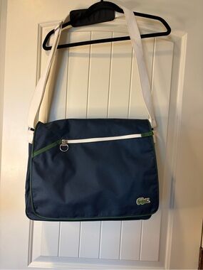 Lacoste Navy Messenger Bag with White Strap and Green Trim